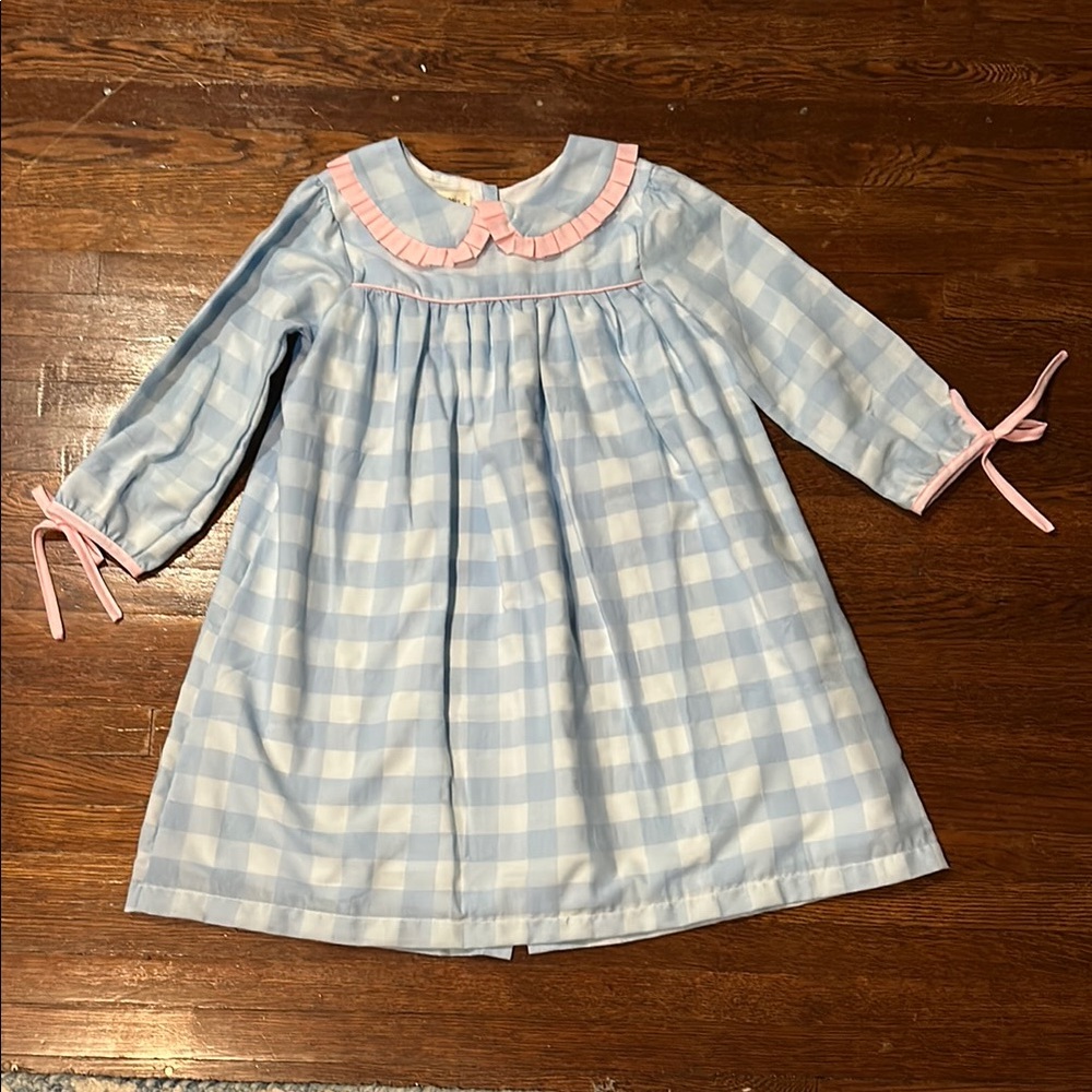 Blue gingham dress with pink detail